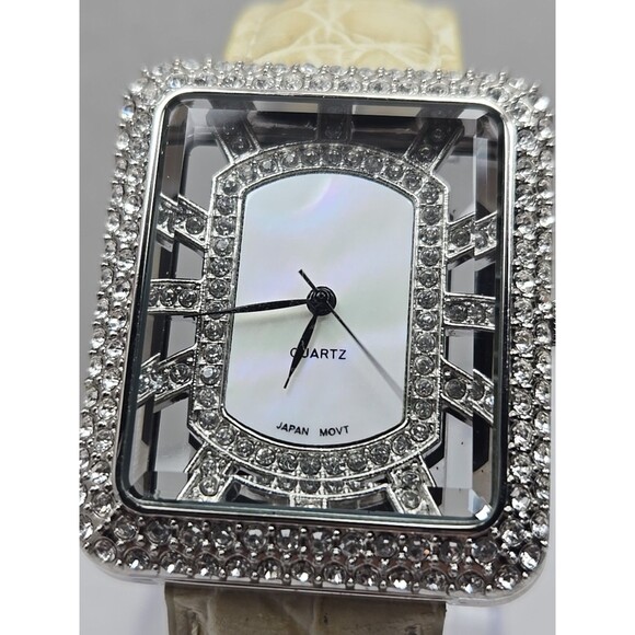 Adrienne Womens Rhinestone Open Square Watch Cream Croc Leather New Battery - Picture 4 of 12